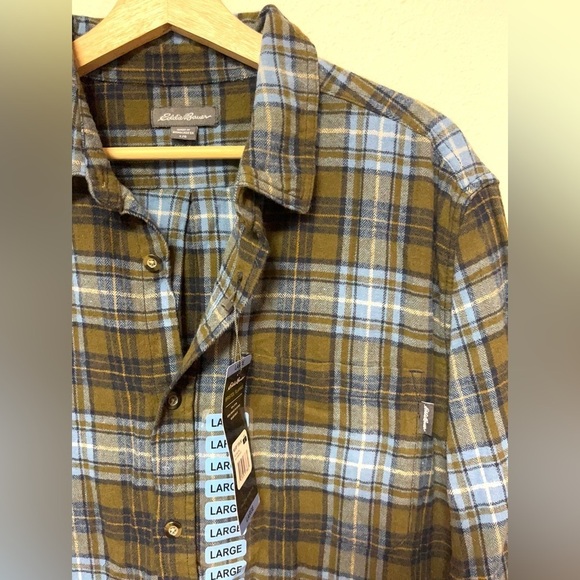 Eddie Bauer Blue and Brown Earth Tones Plaid Casual Button Down Flannel - Picture 4 of 5